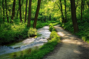 Naklejka premium A path along a small stream in a forest