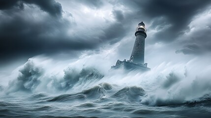 A lighthouse stands resilient amidst towering waves and dark stormy skies.