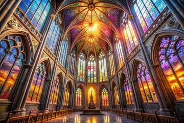 Obraz premium Gothic Solar Cathedral: Stained glass windows, towering spires, intricate solar designs, moody lighting, ethereal atmosphere