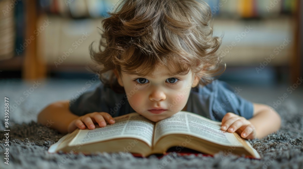 Poster a child focused on learning to read with a book