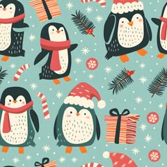 Fototapeta premium New Year's and Christmas festival seamless pattern in a 2D doodle illustrator style on pastel color backgrounds for graphic advertising.