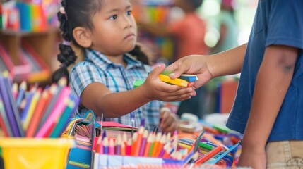 A parent providing financial support to a child, paying for school supplies