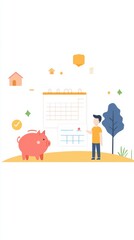 A young individual stands beside a piggy bank and calendar, engaged in saving and budgeting activities in a cheerful outdoor environment