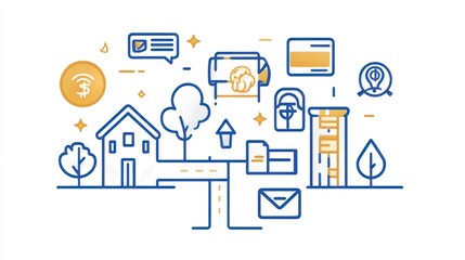 This illustration showcases a digital landscape featuring homes, financial elements, and icons representing communication and connection