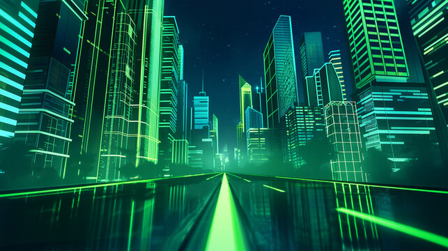 The Night city street with road and green neon, game background, Illustration