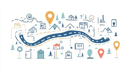 A winding road meanders through a vibrant landscape adorned with trees, mountains, and landmarks, inspiring adventure and discovery