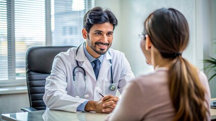 Hispanic Doctor in Consultation: A Hispanic doctor in a consultation room, actively listening to a patient while maintaining eye contact.