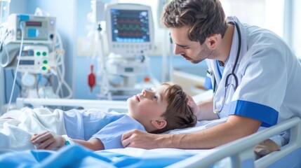 Obraz premium A doctor checking on a child patient in a hospital room