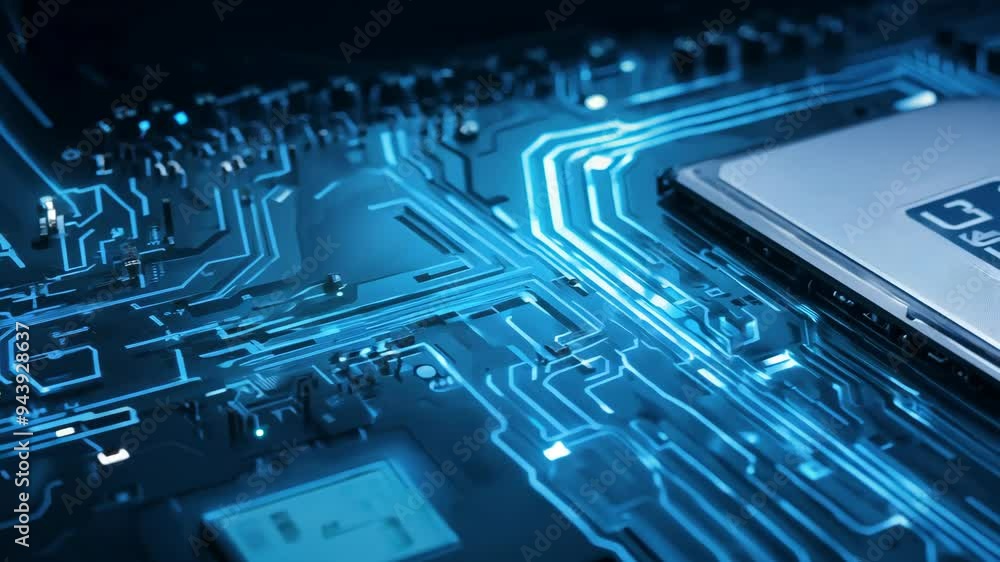 Poster exploring intricate circuit board designs with glowing blue pathways at a technology lab