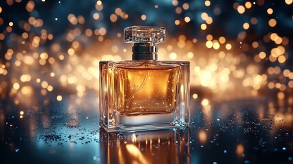 Sparkling perfume bottle with golden liquid set against a blurred light backdrop