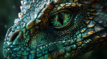 Fototapeta premium A magnified view of a scaled dragon head featuring a vivid green eye and shining scales
