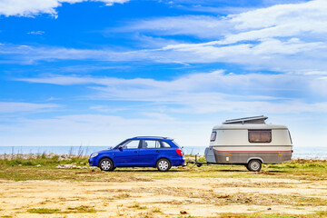 Caravan trailer camping on coast, Spain.