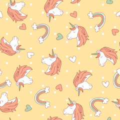 White unicorn with bright colors yellow background. 