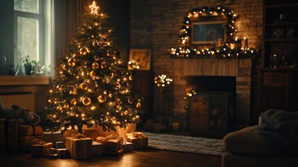 Decorated Christmas tree adorned with ornaments and lights in cozy living room