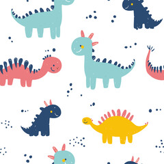 Childish seamless pattern with colorful dinosaurs on a white background. Ideal for baby clothes, textiles, wallpaper, wrapping paper.