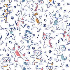 Seamless pattern of cute dog dancing. White background. Animal character cartoon design. 