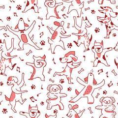 Seamless pattern with dogs that dancing in different poses
