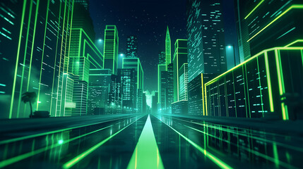Fototapeta premium The Night city street with road and green neon, game background, Illustration