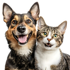 Portrait of Happy dog and cat that looking at the camera together isolated on transparent background, friendship between dog and cat, amazing friendliness of the pets