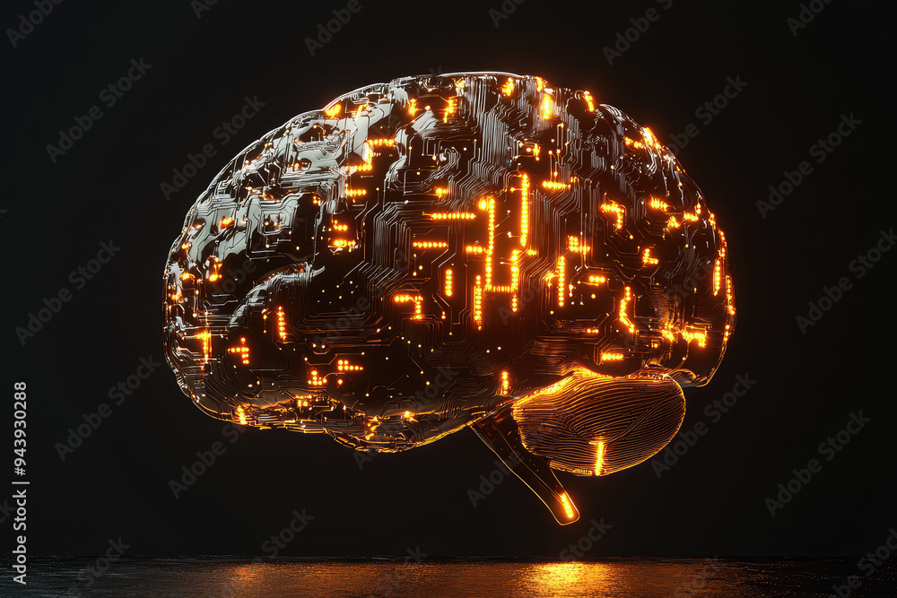 Poster a stunning visualization of a digital brain with luminescent circuits symbolizing technology and int