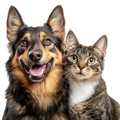 Portrait of Happy dog and cat that looking at the camera together isolated on transparent background, friendship between dog and cat, amazing friendliness of the pets