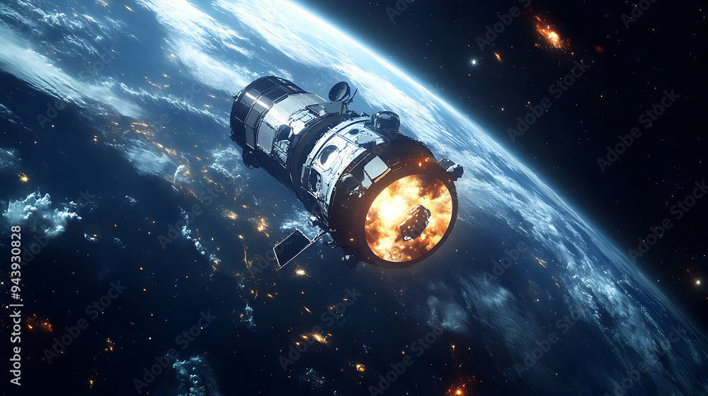 Poster spacecraft explodes in orbit with earth in the background.