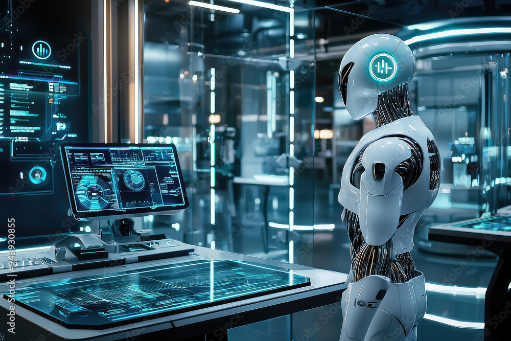Poster a sleek humanoid ai robot interacts with advanced technology in a futuristic laboratory, showcasing 