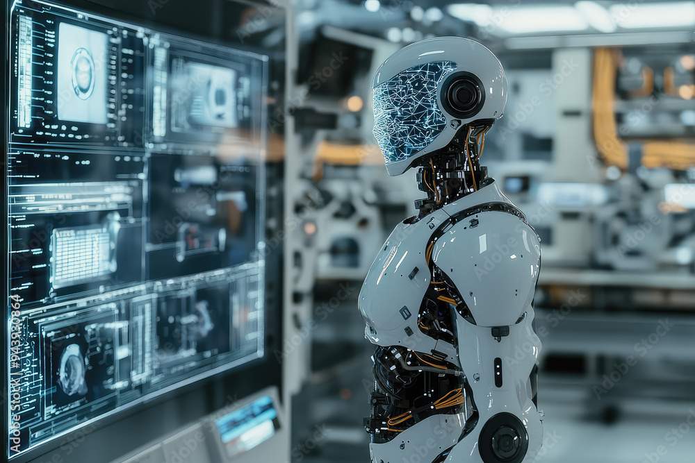 Poster a humanoid ai robot stands poised in a modern lab, surrounded by advanced technology and screens sho