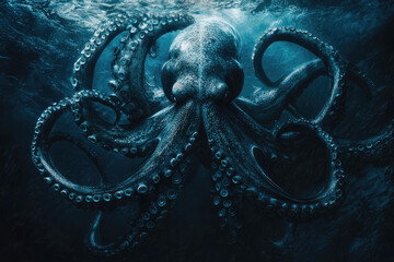 Obraz premium An Enigmatic Giant Squid Emerges from the Abyss, Showcasing Its Tentacles in the Mysterious Depths of the Ocean's Blue.