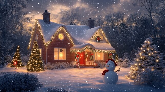 A cozy house radiates warmth with festive decorations as snowflakes gently fall, creating a magical winter atmosphere