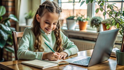 Fototapeta premium pretty happy schoolgirl is sitting at her desk