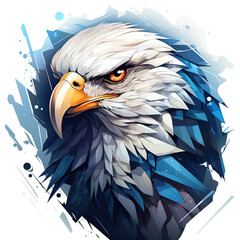 Close-up portrait of a majestic bald eagle with sharp eyes and a fierce expression, rendered in a bold, abstract style with blue, white, and black colors.