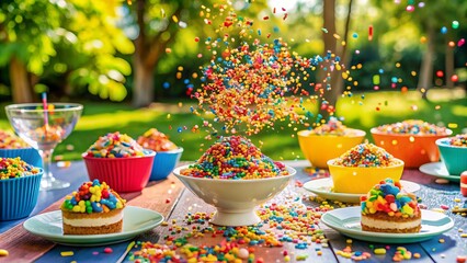 Joyous Rainbow Sprinkle Celebration: Bright, playful, joyful, rainbow-hued, outdoor party atmosphere