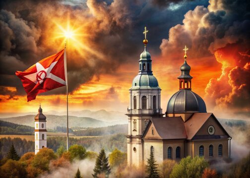 Kulturkampf Conflict: Religion and politics clashing, muted tones, church and state symbolism