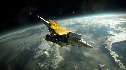 Obraz premium Spacecraft orbits above the Earth with a bright golden solar panel.
