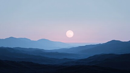 Fototapeta premium Moon rising over a mountain range, with the twilight sky gradually darkening in the background.