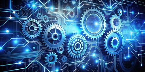 Obraz premium A futuristic abstract background featuring interconnected gears, disks, and circuits, symbolizing efficient data management, organization, and analysis for informed business decisions.