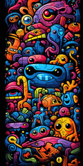 Obraz premium Colorful doodle pattern with whimsical creatures on a black background.