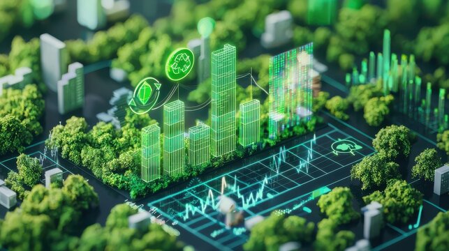 A digital illustration of a smart city with green technology integration, showcasing sustainable development, eco-friendly initiatives, and data analytics.
