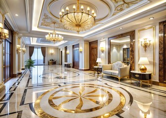 Obraz premium Luxury Marble Opulence: Polished marble paving adorned with gold-accented equipment, exuding sophistication and elegance.