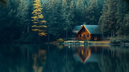 Obraz premium A rustic cabin nestled in the heart of an ancient forest, surrounded by towering pines and reflecting on crystal-clear waters. The focus is on the face of the cabin, which appears weathered and worn