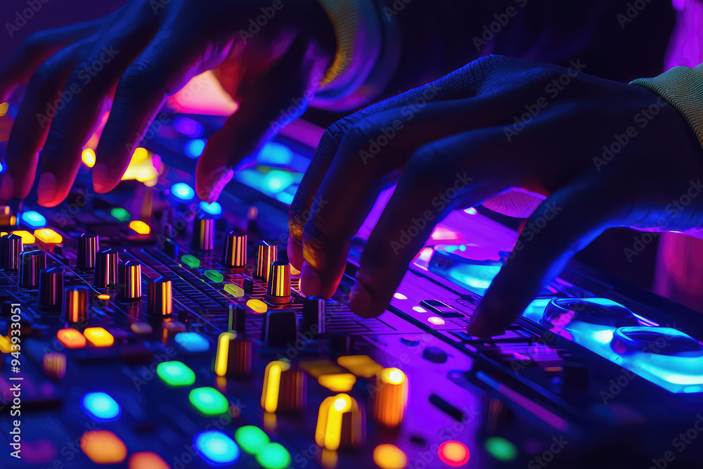 Poster Dynamic DJ Performance: A Close-Up on Hands Skillfully Manipulating the Mixer Under a Dazzling Light Display and Colors