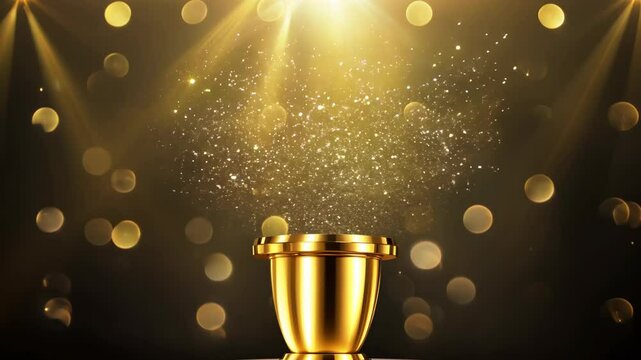 Celebration of achievements with golden cup and sparkles at an awards ceremony in a grand venue