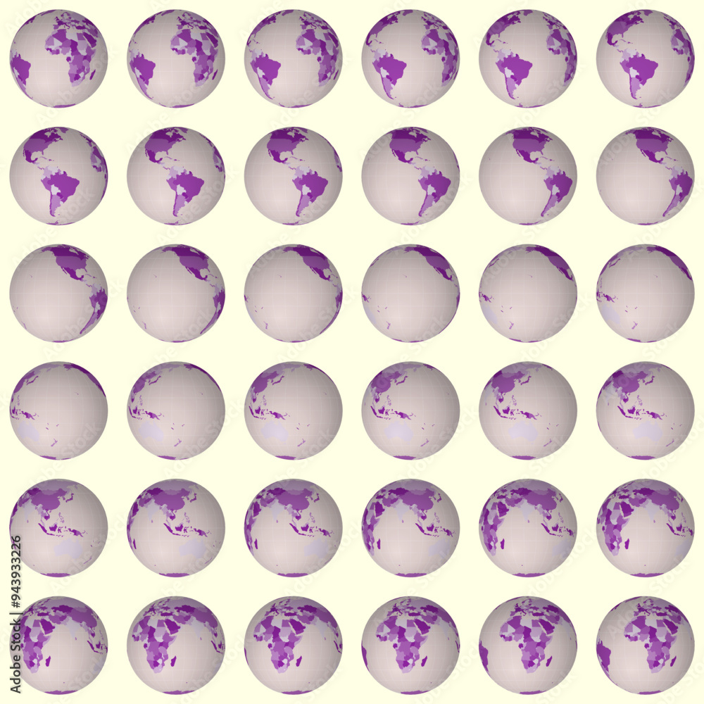 Poster collection of earth globes. normal sphere view. rotation step 10 degrees. colored countries style. w