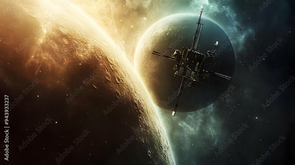 Poster spaceship orbits a planet in a field of stars.