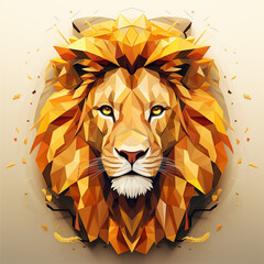 Geometric lion head illustration in gold and brown tones.
