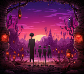 Four humanoid figures stand in a surreal alien landscape, bathed in purple and pink hues. The figures look out at a sprawling alien world, illuminated by glowing lanterns.
