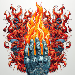 Hand reaching out of a fiery inferno with swirling flames.
