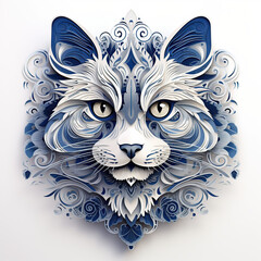 Intricate paper cut-out design of a cat's face, crafted in shades of blue and white with a white background.