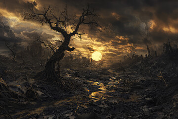 Fototapeta premium A desolate landscape shrouded in shadows, infused with a haunting beauty, where a bright sun eclipses the remnants of decay.